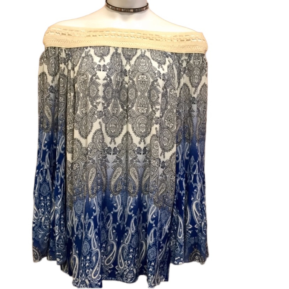 Perch 3X Lace Off Shoulder Blue Paisley Print Tunic Top